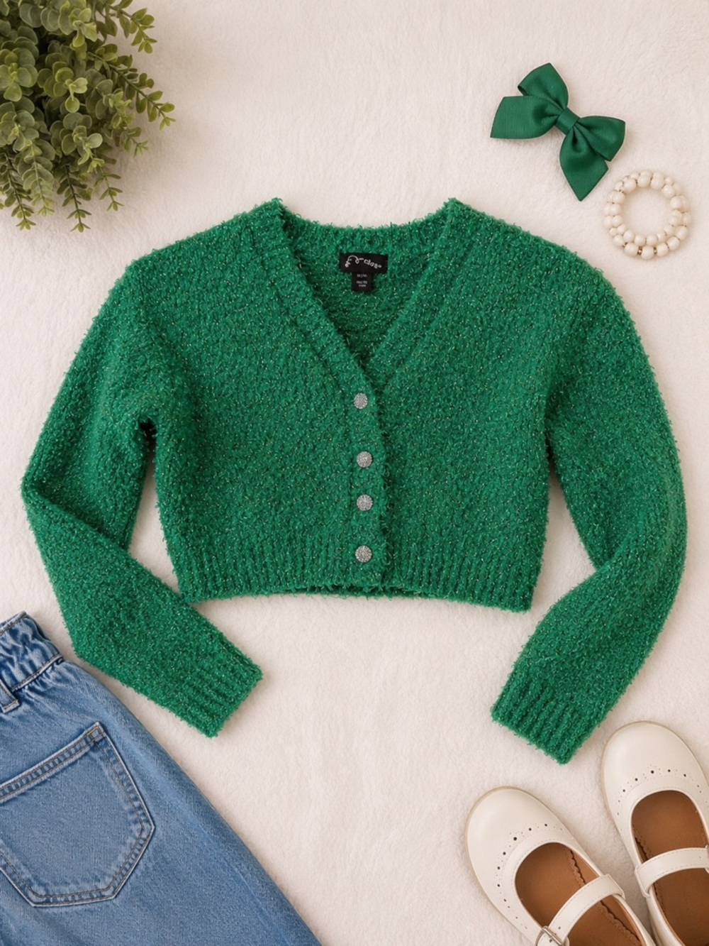 Art Class Green Fuzzy Cropped Cardigan Girls 6X